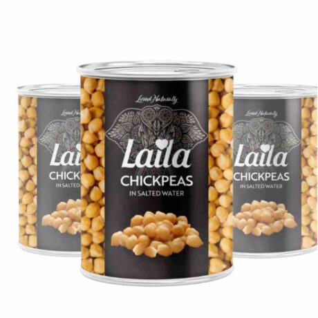 Alt text: Laila Canned Chickpeas 400g x3 Case – Premium quality chickpeas in brine, ready to eat, ideal for salads, curries, stews, and hummus.