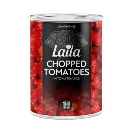 Twelve cans of Laila Chopped Tomatoes 400g stacked in packaging, showing red label with ripe tomato imagery.