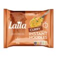 Laila Curry Instant Noodles 65g pack with vibrant curry-themed packaging, showing noodles in a bowl with spices in the background.