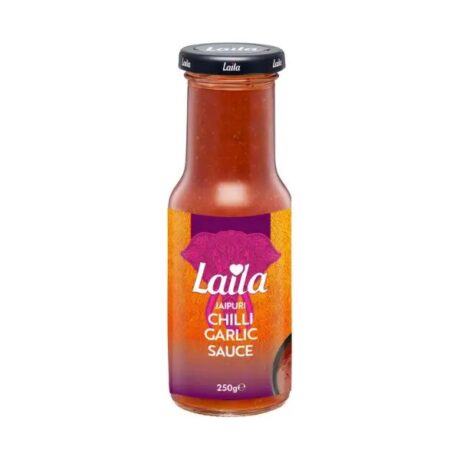 Laila Jaipuri Chilli Garlic Sauce 250g bottle with vibrant red label and chilli and garlic imagery.