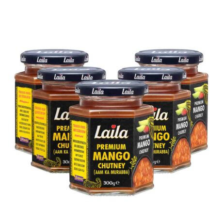 Laila Premium Mango Chutney 300g glass jar — sweet and tangy Indian chutney (12 pack)