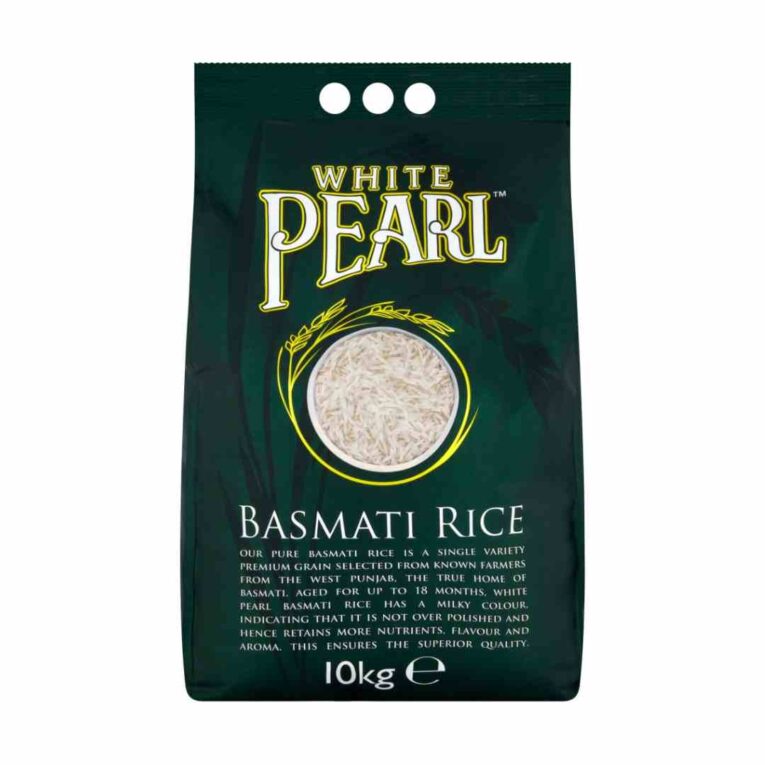 White Pearl Basmati Rice 10kg bag – aged long-grain basmati from West Punjab
