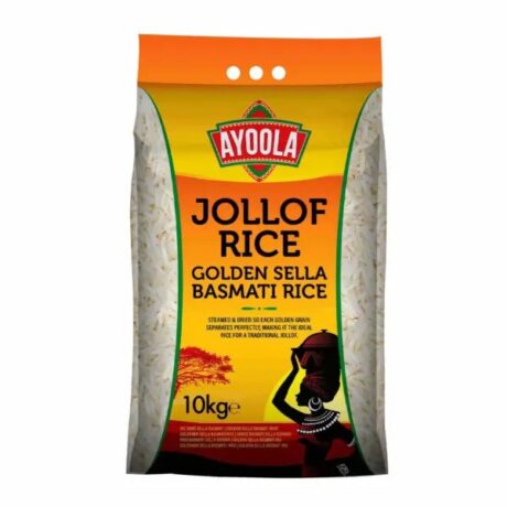 Ayoola Jollof Golden Sella Basmati Rice 10kg bag with golden grains and vibrant red packaging design.