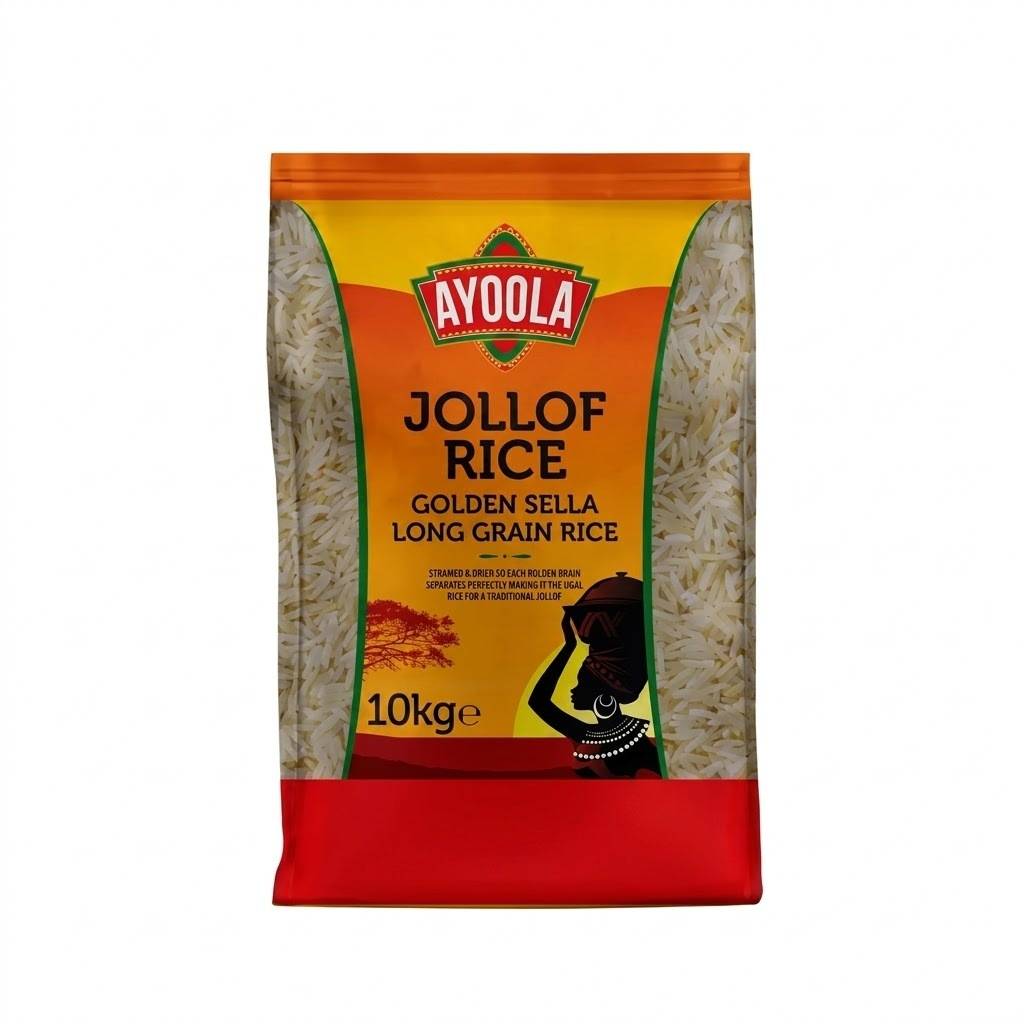 Ayoola Jollof Golden Sella Long Grain Rice 10kg premium parboiled long-grain rice ideal for Jollof rice, fried rice, biryani, and everyday cooking.