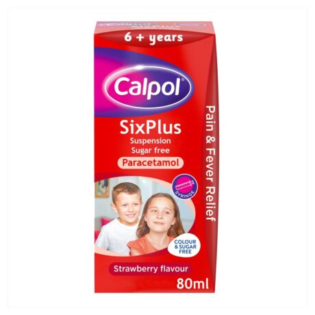 Calpol SixPlus Sugar-Free Suspension 80ml bottle – strawberry flavour, suitable for children aged 6+ years.
