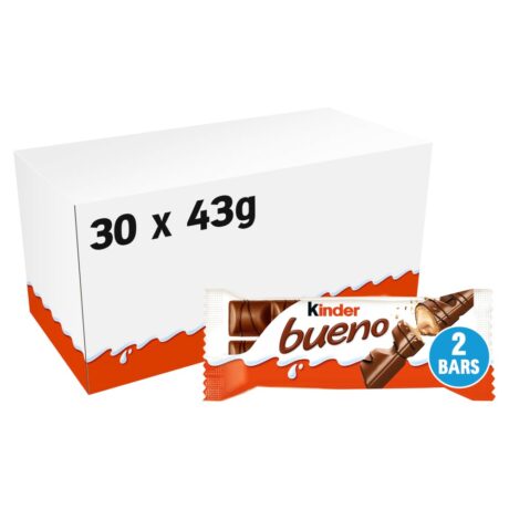 Kinder Bueno Milk Chocolate & Hazelnut Twin Bars 43g x30 multipack – individually wrapped chocolate fingers”