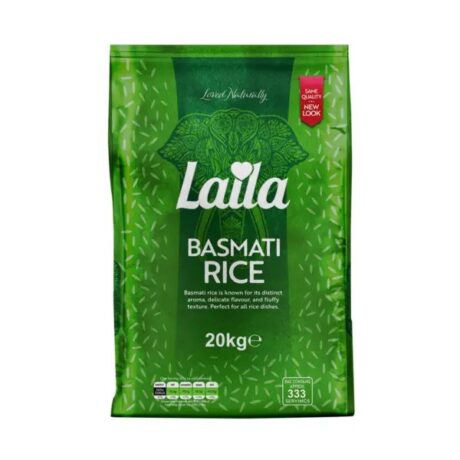 Laila Basmati Rice 20kg blue bag with golden detailing and aromatic long-grain basmati rice displayed.