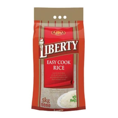 Liberty Easy Cook Long Grain Rice 5kg bag with golden grains and red packaging design.