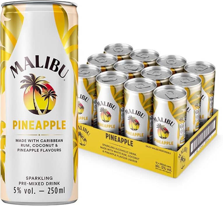 Malibu Cocktail Pineapple Daiquiri Sparkling Drink 250 ml x12 Case – ready-to-drink pineapple and lime sparkling rum cocktail made with Malibu Caribbean Rum – available at 4Way Foods UK.