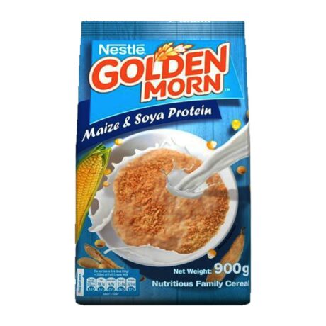 A bright red and yellow 900g box of Nestlé Golden Morn Cereal, a nutritious blend of whole maize and soya, featuring text highlights like "Energy" and "Protein".