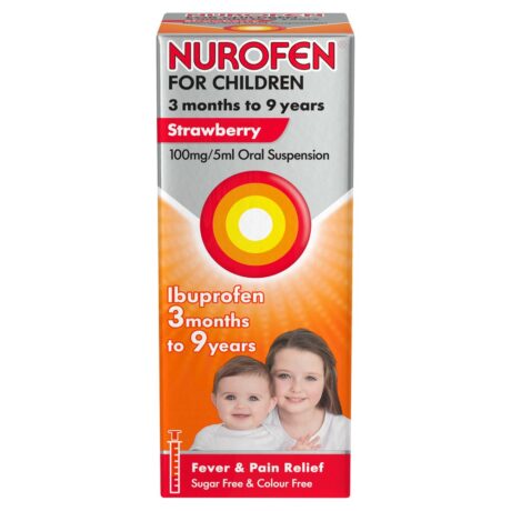 Nurofen for Children Strawberry Oral Suspension 100ml bottle with dosing syringe for children 3 months to 9 years.