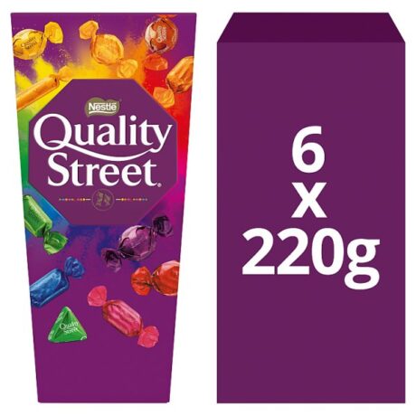 Image of Quality Street Chocolate Carton 220g showing individually wrapped milk, dark chocolates, and toffees in a colourful festive carton.