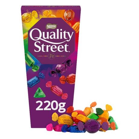 Image of Quality Street Chocolate Carton 220g showing individually wrapped milk, dark chocolates, and toffees in a colourful festive carton.