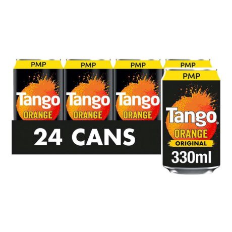Tango Orange Original 330ml cans – 24 pack with bold citrus fizzy drink branding.