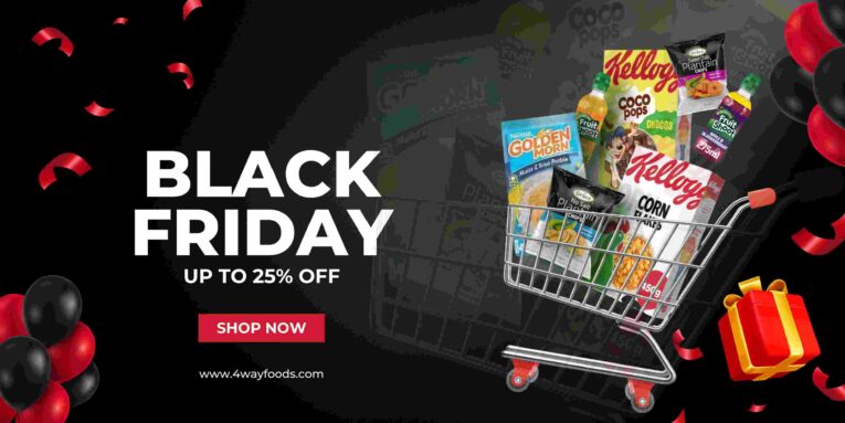4Way Foods Black Friday grocery sale featuring Mazoe Drinks, Laila Rice, Dunn’s River spices, and Ferrero chocolates.