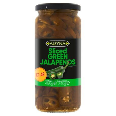 Aleyna Sliced Green Jalapeños in Brine 480g jar – spicy sliced jalapeno rings from 4Way Foods.