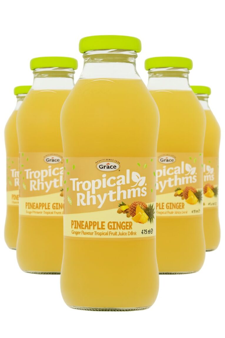 Grace Tropical Rhythms Pineapple Ginger 475ml Bottle – Caribbean Tropical Fruit Juice Drink on White Background