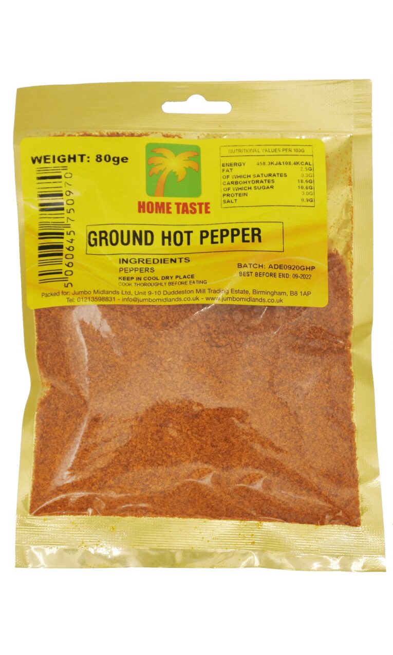 Home Taste Ground Hot Pepper 80g with vibrant red spice, perfect for cooking and seasoning dishes.