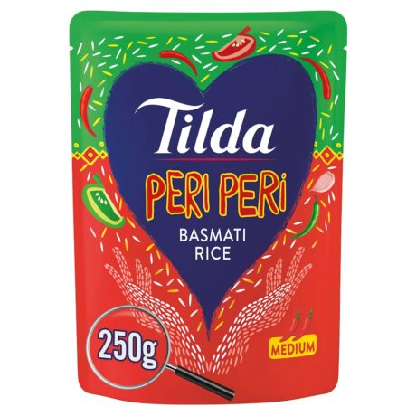 Tilda Peri Peri Basmati Rice 250g six-pack, ready-to-heat microwaveable rice with medium chilli rating.