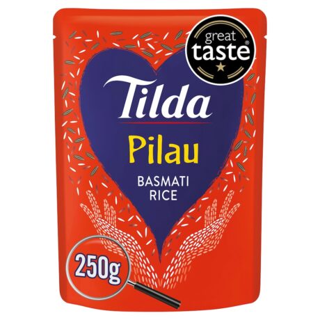 Tilda Pilau Basmati Rice 250g microwaveable pouch with aromatic spices, 6-pack case
