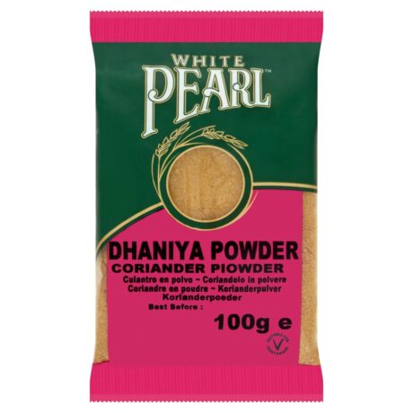 White Pearl Coriander Powder 100g pack with heat-sealed packaging, labelled Finest Pearl Selection and packed in the UK.