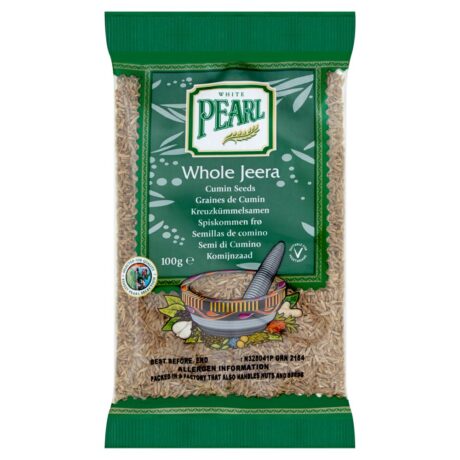 White Pearl Cumin (Jeera) Seeds 100g pack showing whole cumin seeds in a heat-sealed pouch.
