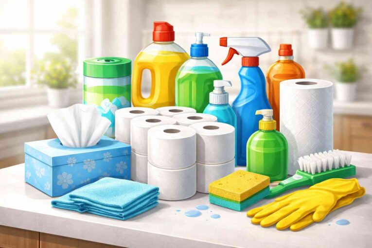 Affordable household essentials including toilet rolls, kitchen towels, cleaning sprays, and laundry products from 4Way Foods UK