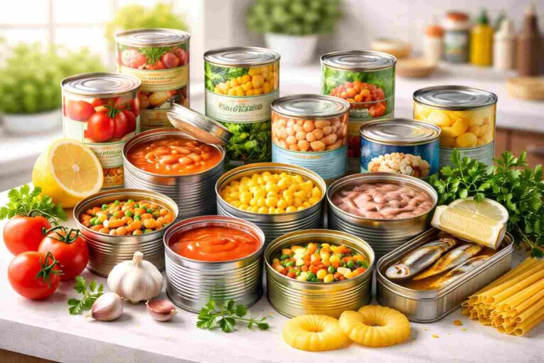 Canned vegetables and tinned fish on a kitchen countertop