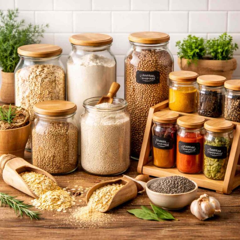 Glass jars filled with grains, flour, and spices arranged for proper pantry storage