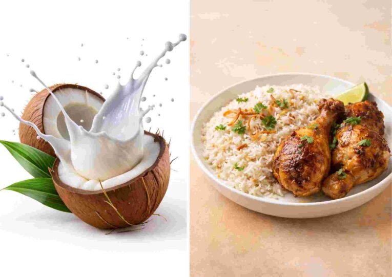 Cartoon-style illustration of a globe surrounded by diverse world foods, representing global cuisines and coconut milk recipes from different cultures