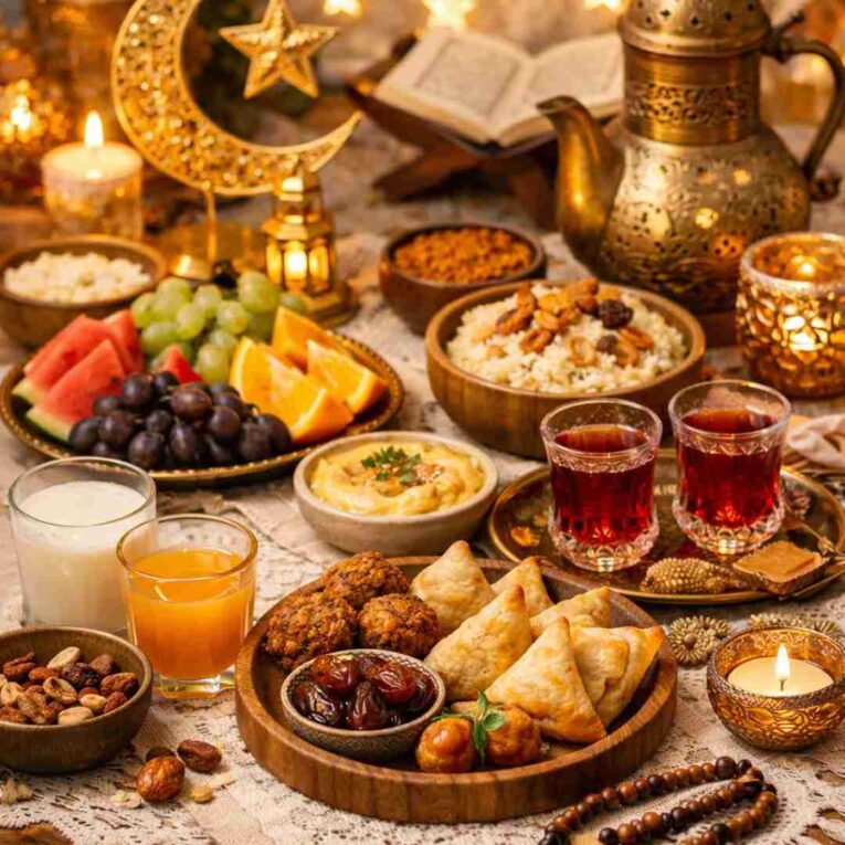 Ramadan Iftar table with basmati rice dishes, desserts, juices and pantry staples arranged for family hosting