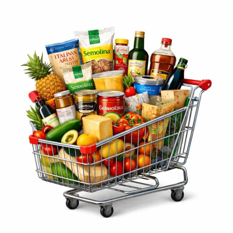 Bulk grocery shopping cart filled with assorted food items showing pros and cons of buying groceries in bulk