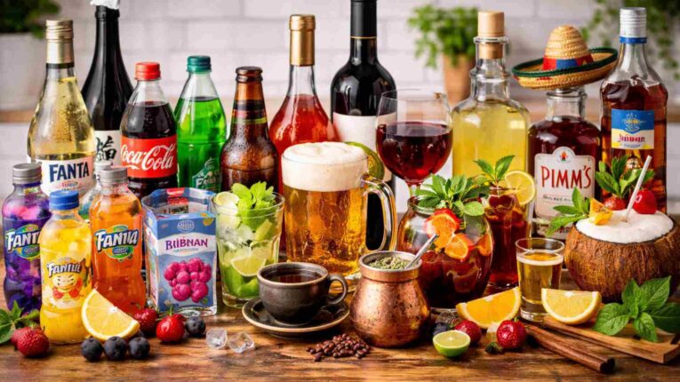 Assorted international soft drinks, wines, beers, and spirits commonly found in UK homes displayed on a kitchen counter