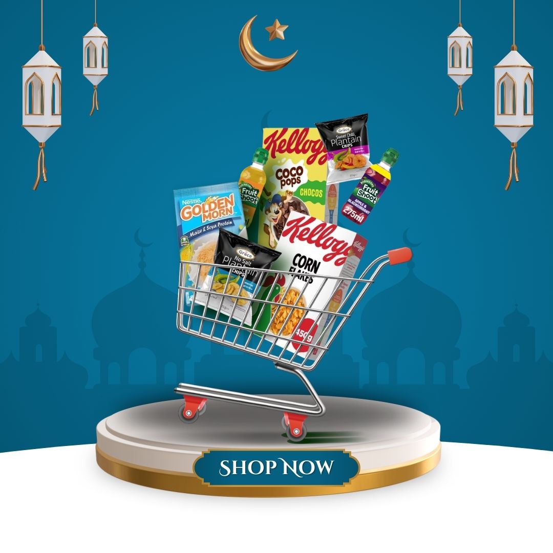 Last-Minute Eid Grocery Checklist 1 Ramadan grocery checklist essentials including rice, lentils, dates, cooking oil and juices arranged in a cart