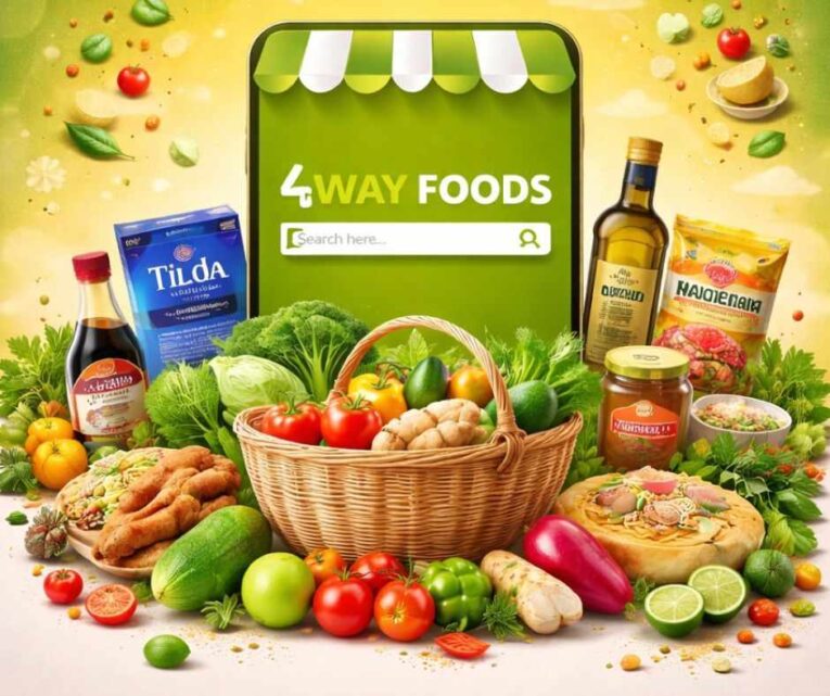 Shopping world foods online with diverse global grocery ingredients displayed around a smartphone — 4Way Foods