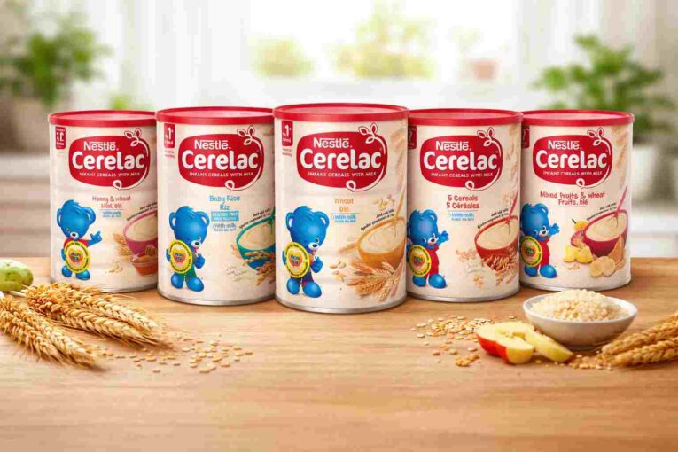 bowl of cerelac baby food with banana and apple