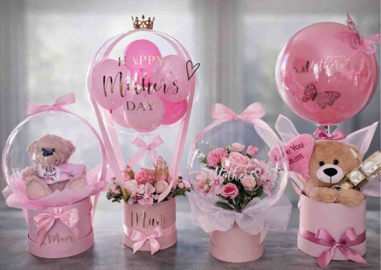 Beautiful Mother’s Day gift baskets with pink balloons, teddy bears, flowers, and gift hampers perfect for celebrating mum.
