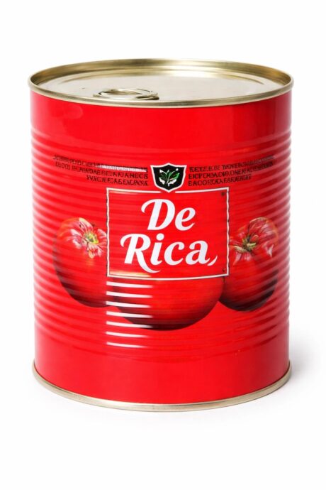 De Rica Tomato Paste 850g tin can with rich red tomato concentrate for cooking.