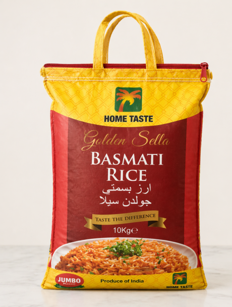 Home Taste Golden Sella Basmati Rice 10kg bag – premium long grain rice ideal for jollof rice and African cooking