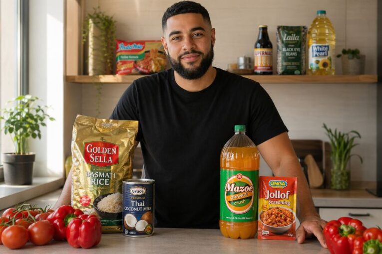 4Way Foods online multicultural supermarket banner showing African, Caribbean, Asian and British groceries including rice, coconut milk, malt drinks and spices with UK nationwide delivery