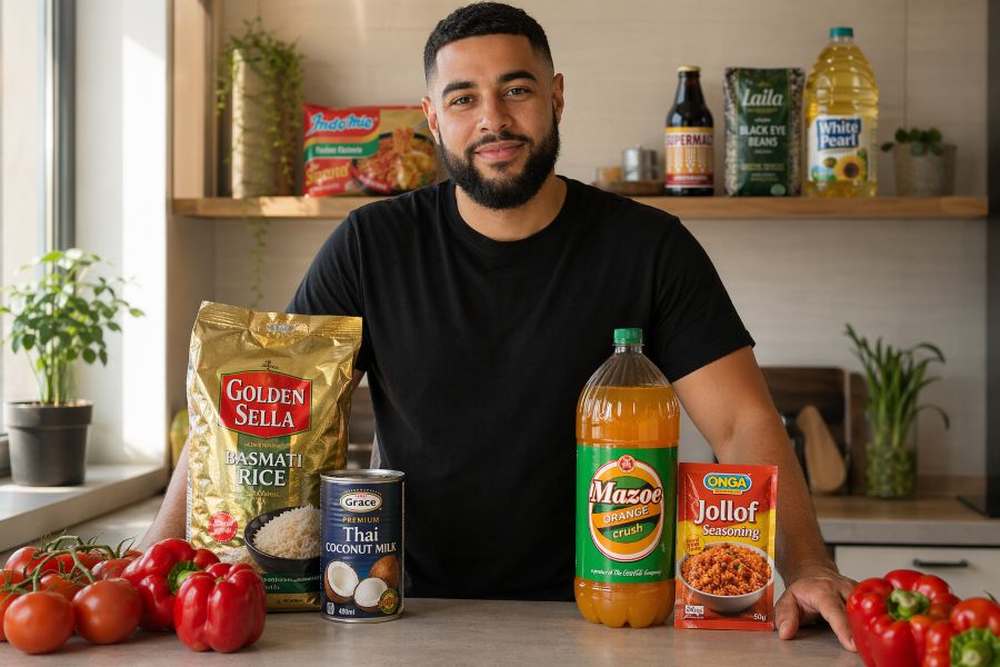 4Way Foods online multicultural supermarket banner showing African, Caribbean, Asian and British groceries including rice, coconut milk, malt drinks and spices with UK nationwide delivery
