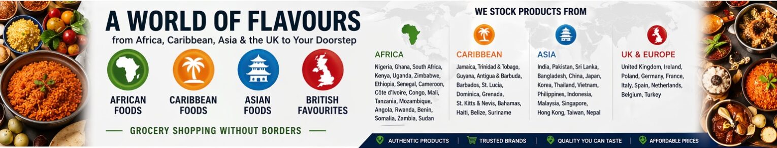 4Way Foods online multicultural supermarket banner showing African, Caribbean, Asian and British groceries including rice, coconut milk, malt drinks and spices with UK nationwide delivery