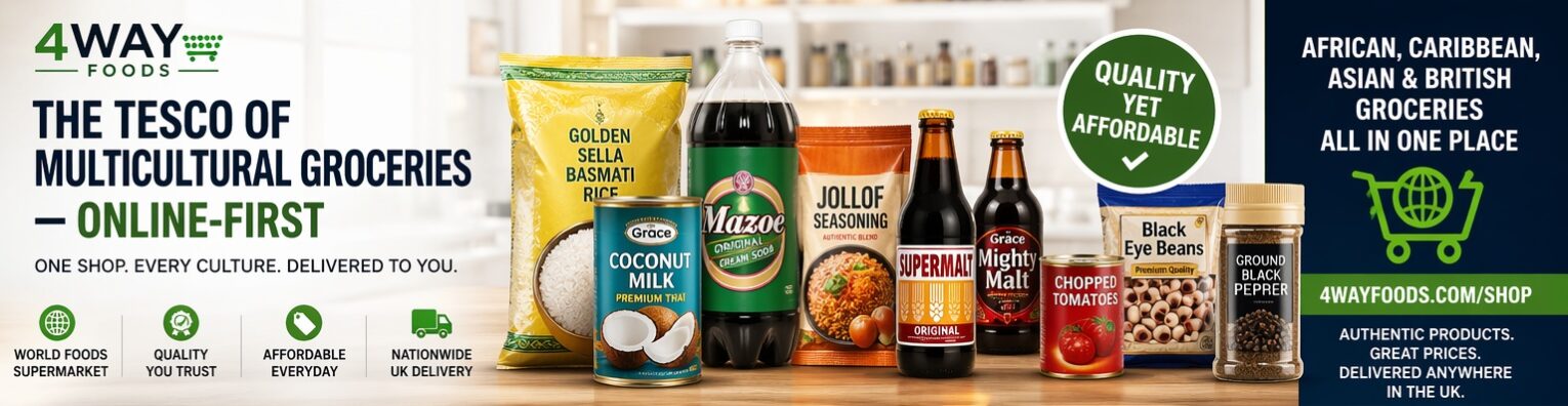 4Way Foods online multicultural supermarket banner showing African, Caribbean, Asian and British groceries including rice, coconut milk, malt drinks and spices with UK nationwide delivery