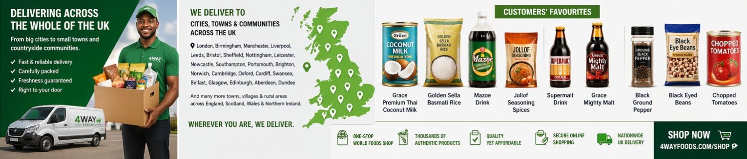 4Way Foods online multicultural supermarket banner showing African, Caribbean, Asian and British groceries including rice, coconut milk, malt drinks and spices with UK nationwide delivery