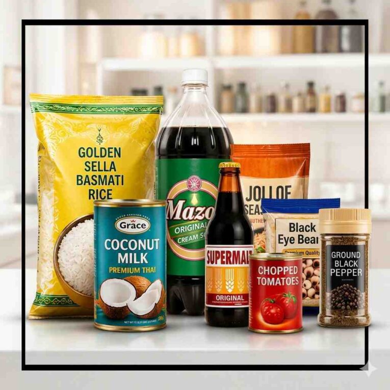 Caribbean food ingredients and groceries including jerk seasoning rice and peas plantain