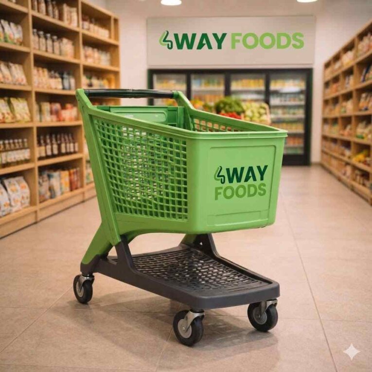 A lime green shopping cart branded with the "4WAY FOODS" logo is shown centered in a well-lit supermarket aisle.