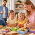 Healthy school lunchbox filled with sandwiches, fruit, juice cartons, oats, crackers, and simple kids snacks on a kitchen table