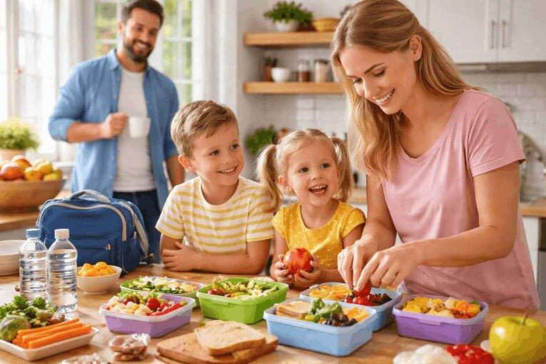 Healthy school lunchbox filled with sandwiches, fruit, juice cartons, oats, crackers, and simple kids snacks on a kitchen table