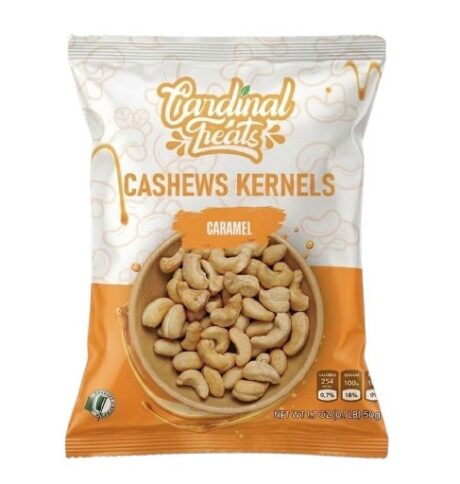 Cardinal Treats Caramel Glazed Cashew Kernels 50g premium roasted organic cashew snack with buttery caramel coating.