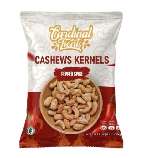Cardinal Treats Pepper-Spiced Cashew Kernels 50g premium roasted organic cashews with spicy pepper seasoning.